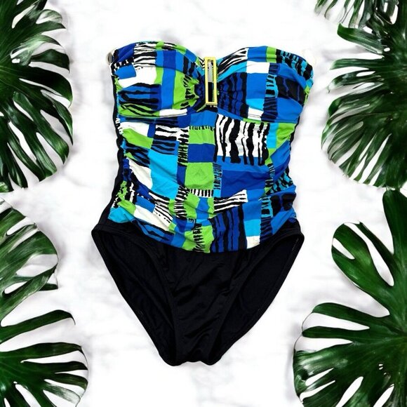 La Blanca Swimsuit Strapless Vibrant One Piece Pool Beach Blue Green Bright sz 6 - Picture 1 of 7